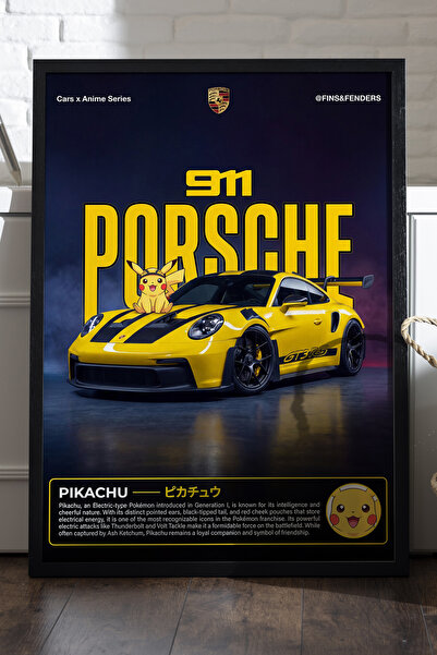 Duvarda Porsche 911 Siyah Ahşap Çerçeveli Poster, Dekoratif Araba Duvar Tablosu