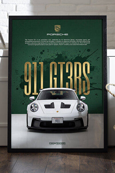 Duvarda Porsche 911 GT3 RS Siyah Ahşap Çerçeveli Poster, Dekoratif Araba Duva...