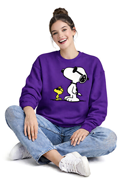 ArtYus Snoopy and Woodstock Printed Relaxed Fit Fleece-Lined 3 Thread Crewnec...