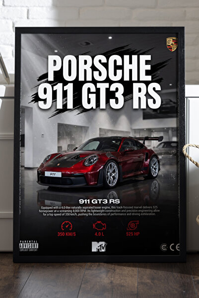 Duvarda Porsche 911 GT3 RS Siyah Ahşap Çerçeveli Poster, Dekoratif Araba Duva...