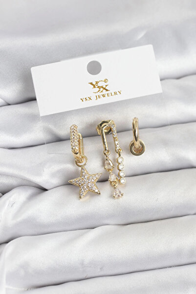 MericLine طقم أقراط من النحاس الذهبي اللون مرصع بحجر الزركون على شكل نجمة طرا...