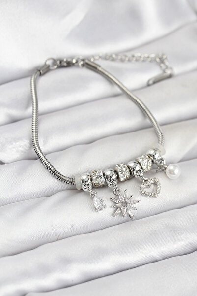 Najmaddin سوار نسائي من النحاس الفضي اللون مع تعليقة نجمة القطب وقلب