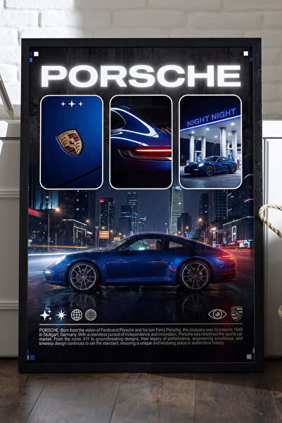 Duvarda Porsche 911 Siyah Ahşap Çerçeveli Poster, Dekoratif Araba Duvar Tablosu