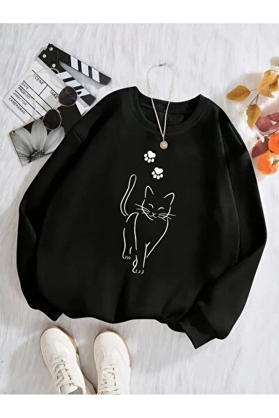 Kids سويت شيرت نارين كات مطبوع للجنسين للشتاء باللون الأسود