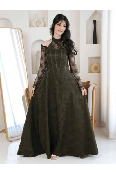 TREN Women's Olive Green Floral Lace Evening Dress with Cold Shoulder Detail ...