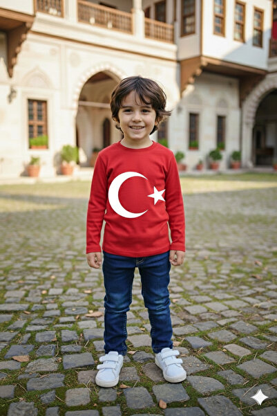 Parti Kırtasiye Erkek Çocuk Unisex Tişört Kırmızı Ay Yıldız Baskılı Tişört Uz...