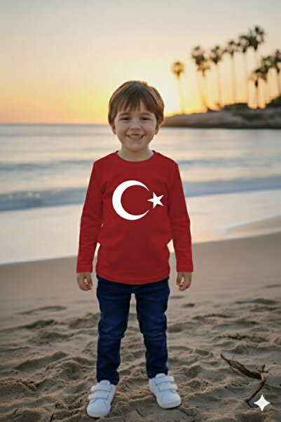Parti Kırtasiye Erkek Çocuk Unisex Tişört Kırmızı Ay Yıldız Baskılı Tişört Uz...