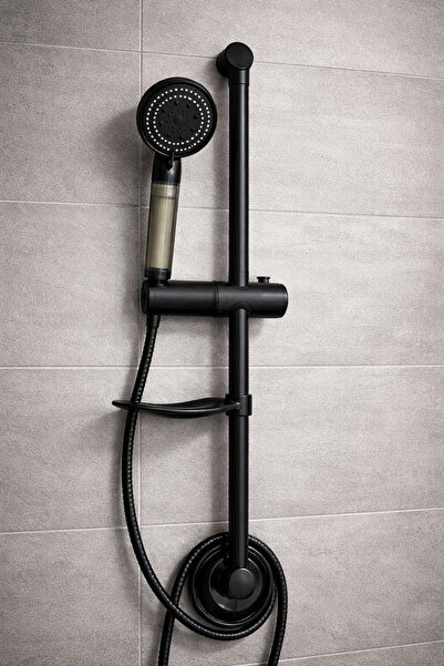 Ahlez Sürgülü Mat Siyah Yağmurlama Filtreli 5 Fonksiyonlu Duş Takımı Seti