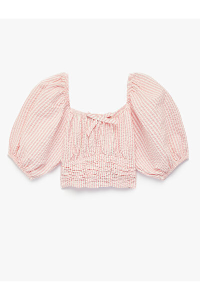 Koton Balloon Sleeve Square Neck Striped Crop Blouse