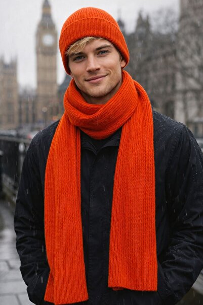 MARBERRY Orange Lux Wool Corded Fabric Knitted Men's Scarf and Beanie Set of ...
