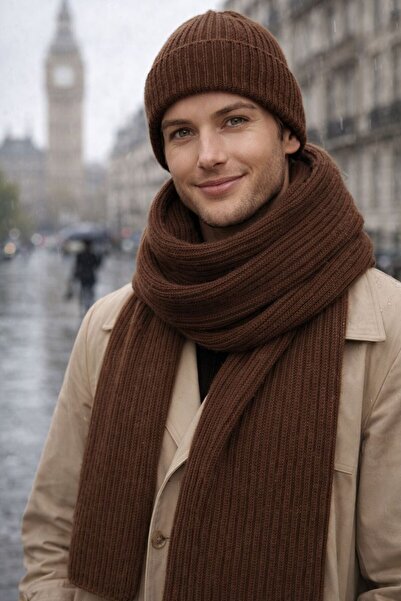 MARBERRY Brown Lux Wool Corded Fabric Knitted Men's Scarf and Beanie Set of 2...