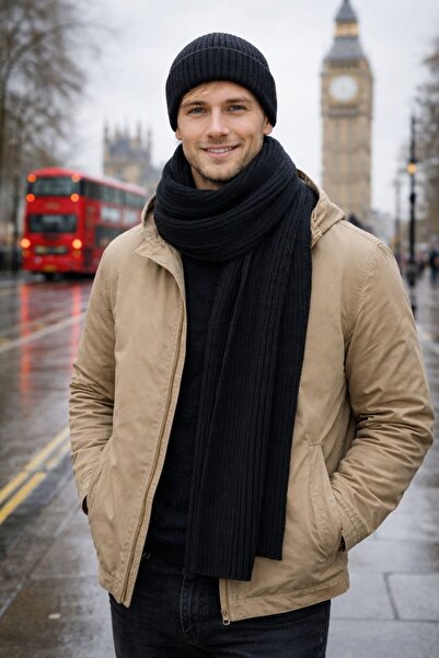 MARBERRY Black Lux Wool Corded Fabric Knitted Men's Scarf and Beanie Set of 2...