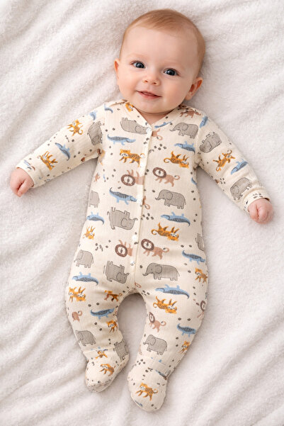 Nexvora Safari Ayak Manşetli Çıt Çıtlı Bebek Tulum 3 Ay,6 Ay,9 Ay Uni