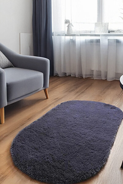Kupon Halı Antrasit Oval Post Halı Peluş Yumuşak Kaymaz Dot Taban