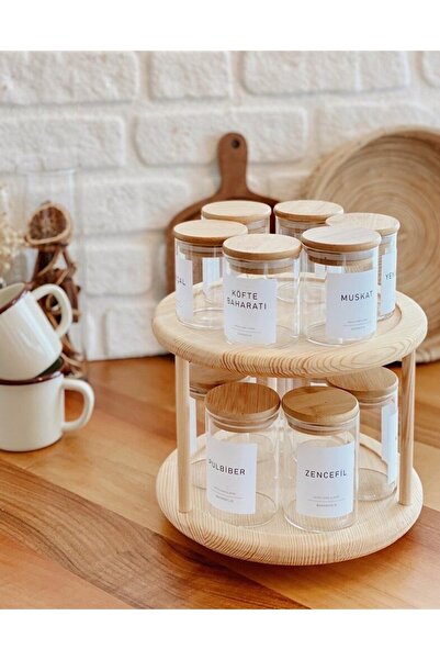 Hestia Home Baharatlık Seti (1 Adet Ahşap Döner Stant+12 Adet Baharatlık)