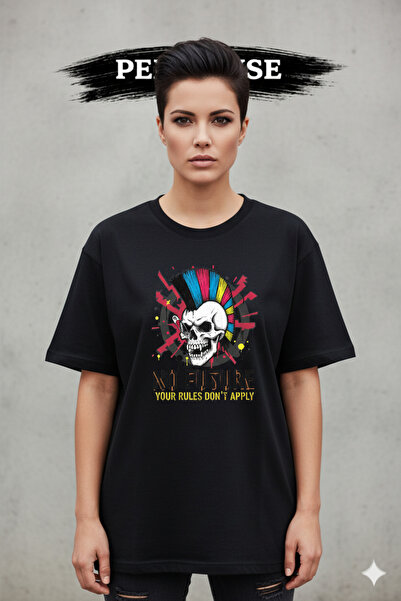 PERISENSE تي شيرت للجنسين بانك روك مطبوع من القطن الممشط الفاخر قصة فضفاضة