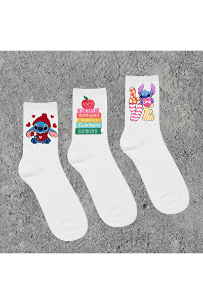 Tubinyoo Stitch & Angel & Labubu & Cupcake Printed White School Socks