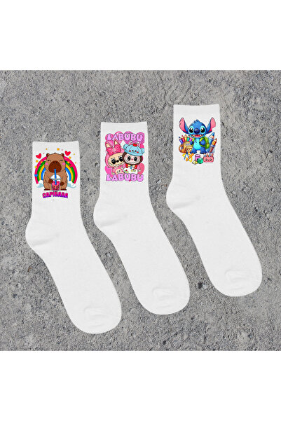 Tubinyoo Stitch & Angel & Labubu & Cupcake Baskılı Beyaz Okul Çorabı