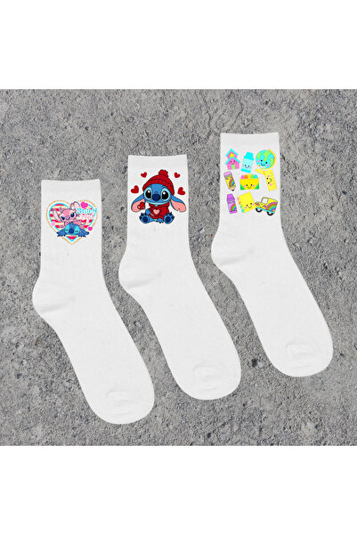 Tubinyoo Stitch & Angel & Labubu & Cupcake Printed White School Socks