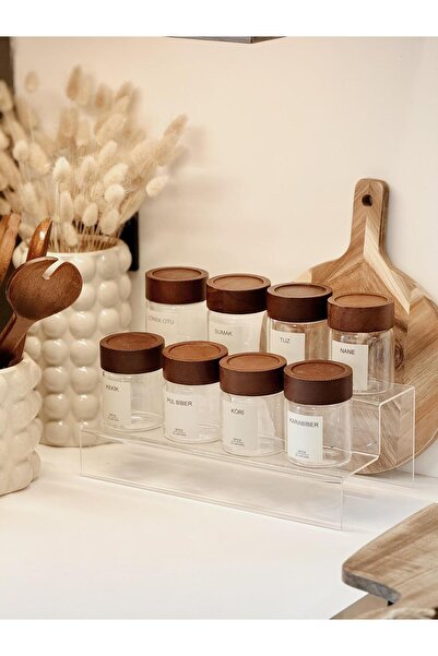 Hestia Home Akasya Kapaklı Baharatlık Seti (Pleksi Stant ve 8 adet Etiketli C...