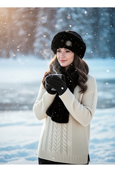 QUEENELA Black Plush Fur Beret, Scarf Set