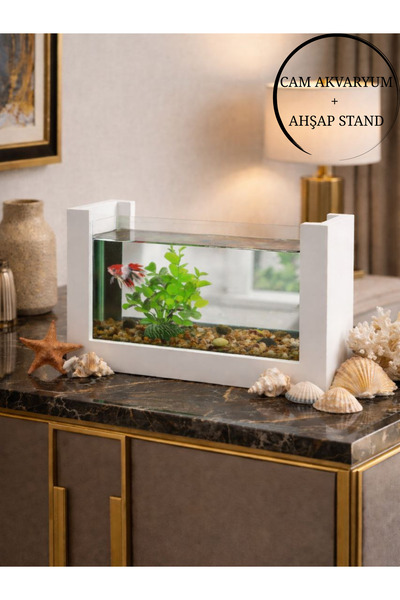 Okay Beta Balık Akvaryumu Ahşap Çerçeveli Dayanıklı Modern Şık Tasarım