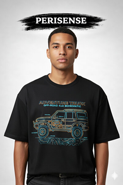 PERISENSE Unisex Off-Road 4X4 Vehicle Blueprint Printed Premium Combed Oversi...