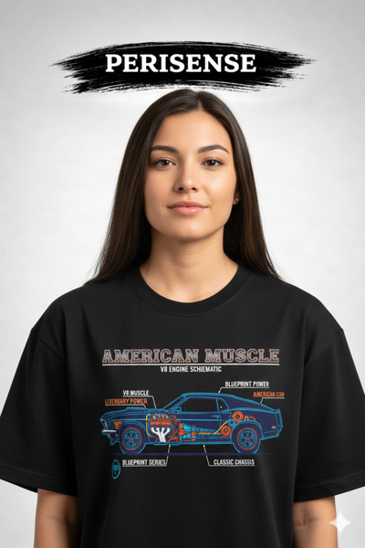 PERISENSE تي شيرت للجنسين من American Muscle car BLUEPRINT مطبوع مصنوع من الق...