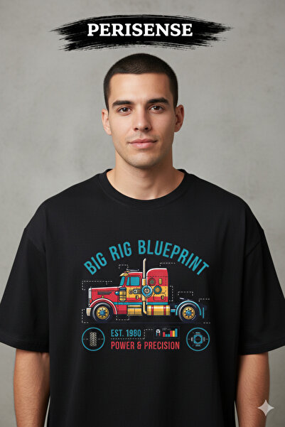 PERISENSE Unisex Truck Blueprint Printed Premium Combed Cotton Oversized T-Shirt