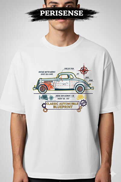 PERISENSE Unisex Vintage Classic Car Blueprint Printed Premium Combed Oversiz...