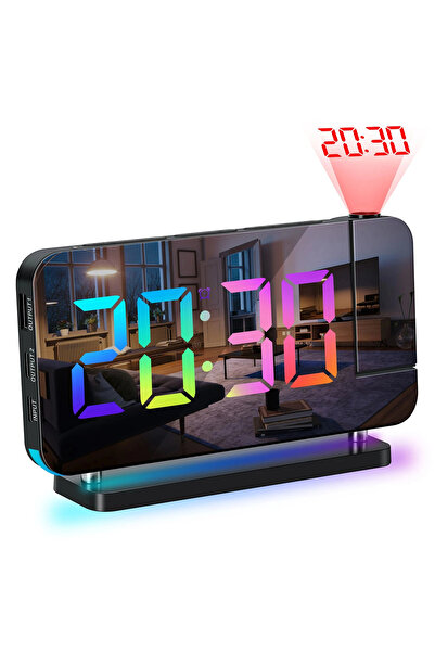 ETASHOP RGB Projeksiyonlu Çalar Saat -7Ayna LED Dijital Saat Tavana Zaman Yan...