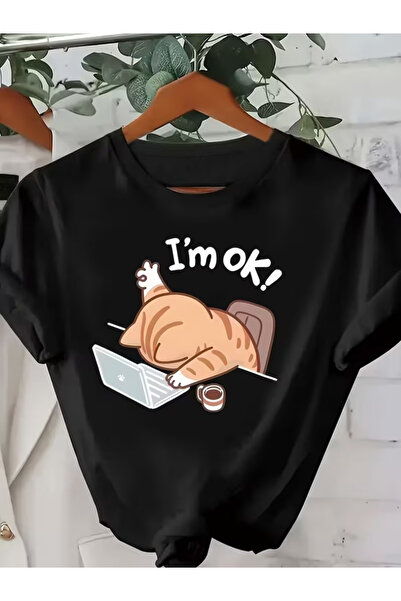 gencerco Unisex I'M Okay Written Cute Cat Design Basic Crew Neck Regular T-Shirt