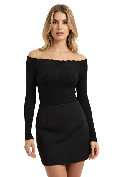 NERTH STYLE Lace Boat Neck Long Sleeve Slim Fit Blouse