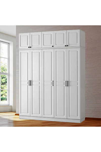 MaceraMobilya Montaj Sport 5 Kapaklı Yüklüklü Komple MDF Beyaz Gardırop, Yata...