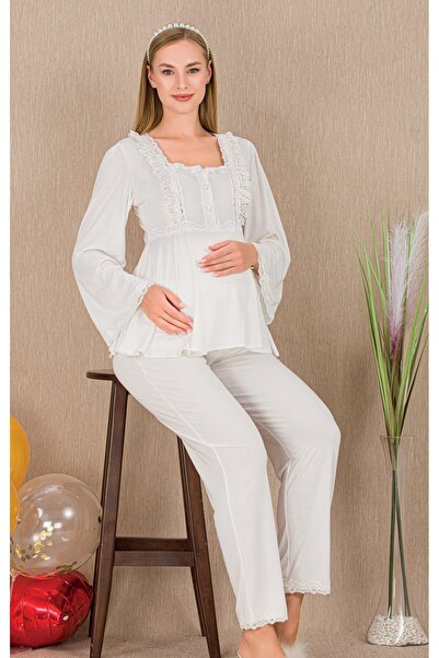MOPİ Buttoned Collar Lace Detailed Comfortable Long Sleeve Maternity & Postpa...