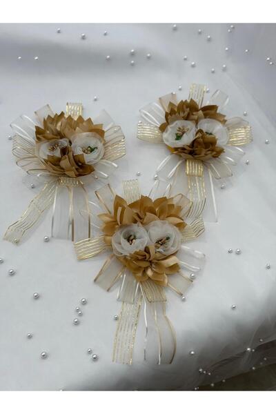 GÜRLEK TEKSTİL Bej Güllü Gelin ve Damat Bohçası Için Motifli Çiçek 3 Adet Boh...