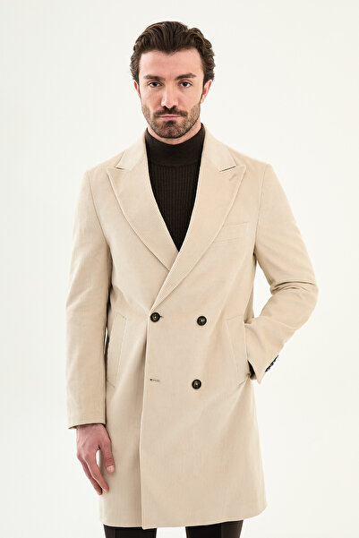 Mcr Striped Slim Fit Wide Collar Double-Breasted Velvet Men's Coat Beige - 21...