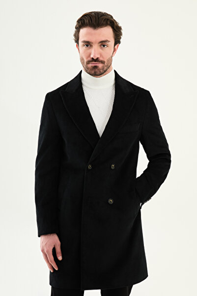 Mcr Striped Slim Fit Wide Collar Double-Breasted Velvet Men's Coat Black - 21...