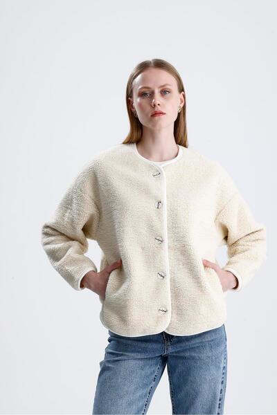 VELİZADE Kadın Taş Teddy Peluş İçi Polar Ceket Oversize Düğmeli Sıcak Tutan K...