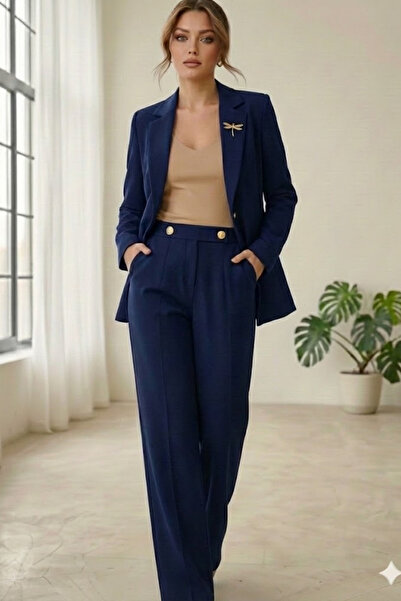 diaves Lacivert Kadın Aksesuarlı Astarlı Tek Düğme Blazer Ceket & Kumaş Pantolon Takım Elbise