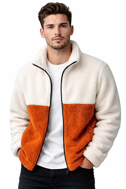 giyimadam16 Men's Color Block Plush Fleece Cardigan