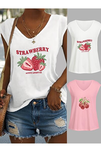 mercoledi Women's 2 Piece Mix Printed V-Neck Sleeveless Oversized Salas Boyfr...