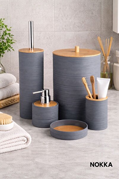 NOKKA 5 Parça Bambu Detaylı Akrilik Banyo Seti, Sabunluk Seti
