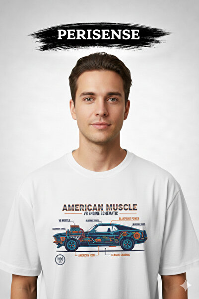 PERISENSE تي شيرت للجنسين من American Muscle car BLUEPRINT مطبوع مصنوع من الق...