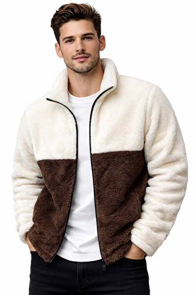 giyimadam16 Men's Color Block Plush Fleece Cardigan
