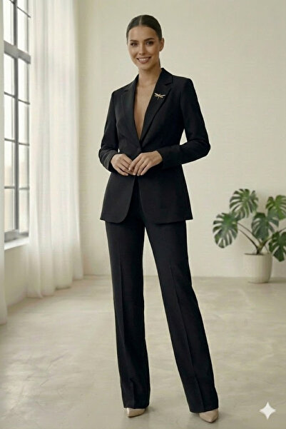diaves Siyah Kadın Aksesuarlı Astarlı Tek Düğme Blazer Ceket & Kumaş Pantolon Takım Elbise