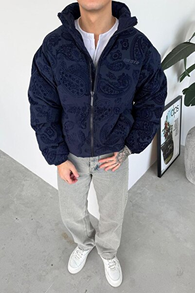 HAFKAGİYİM Navy Blue Ethnic Embossed Detail Oversize Puffer Coat