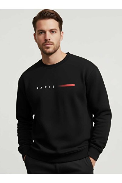 QAST GİYİM SANATI سويت شيرت بخيطين باريس مطبوع كاجوال قصة فضفاضة