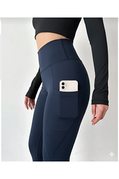 jeneric Women's Navy Blue High Waist Double Pocket Compact Sports Leggings