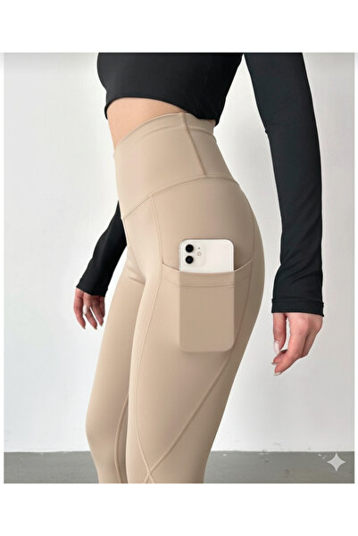 jeneric Women's Beige High Waist Double Pocket Compacting Sports Leggings